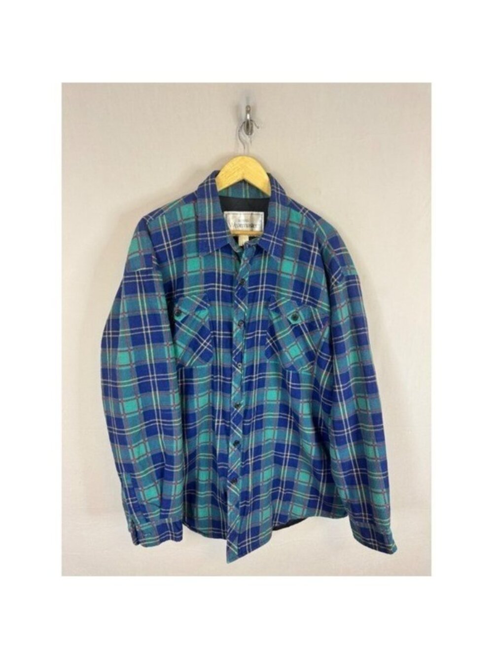 Vintage Sears 80s Wearmaster Blue Plaid Quilted Lined Flannel Shirt Jacket XL